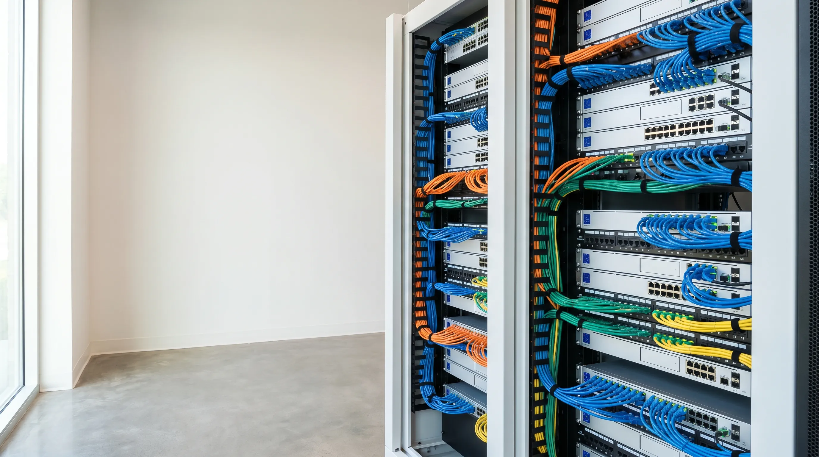 Rack de retea cu cablare structurata si echipamente enterprise