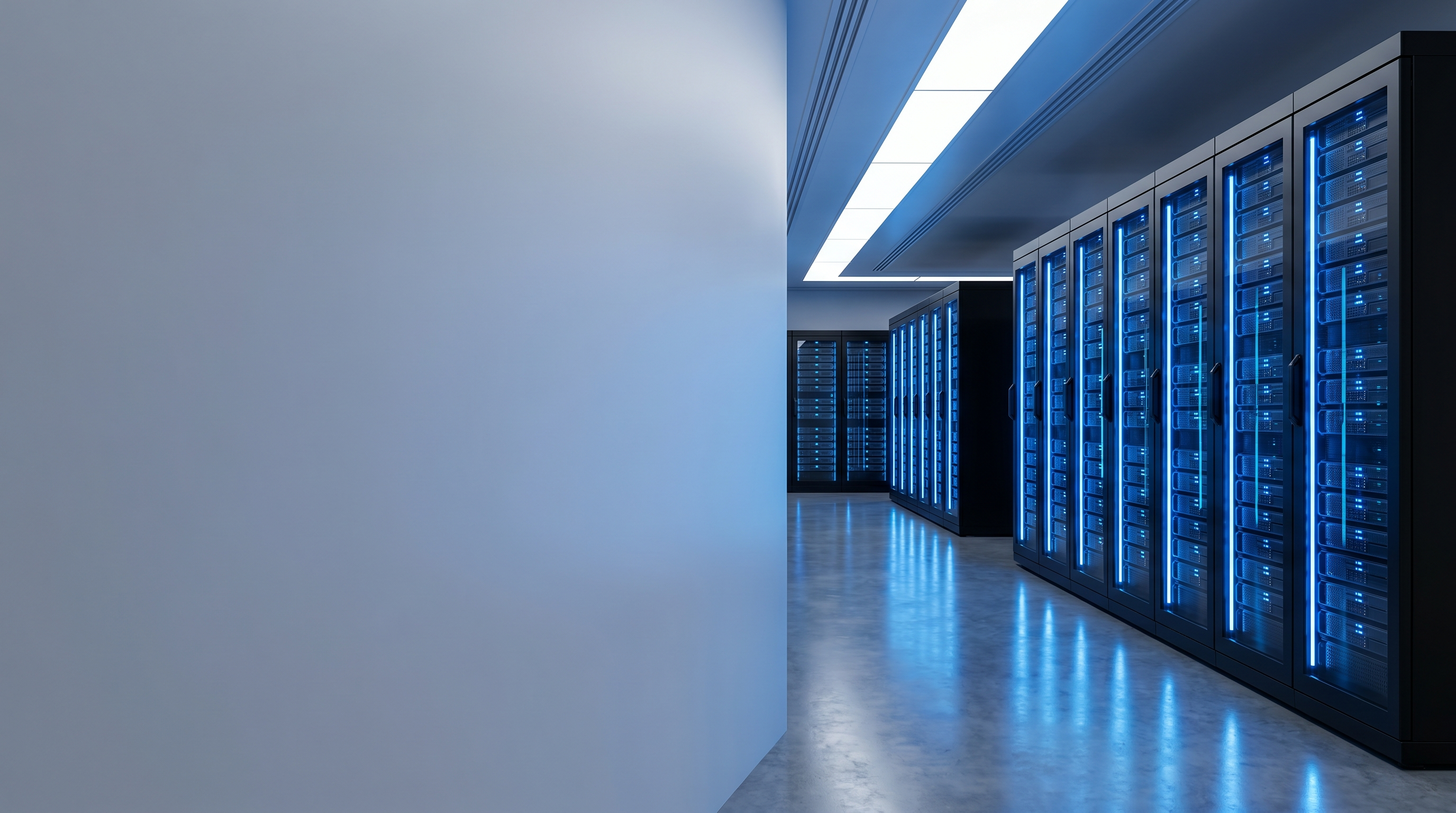 Centru de date modern cu rack-uri si lumini ambient blue, server farm