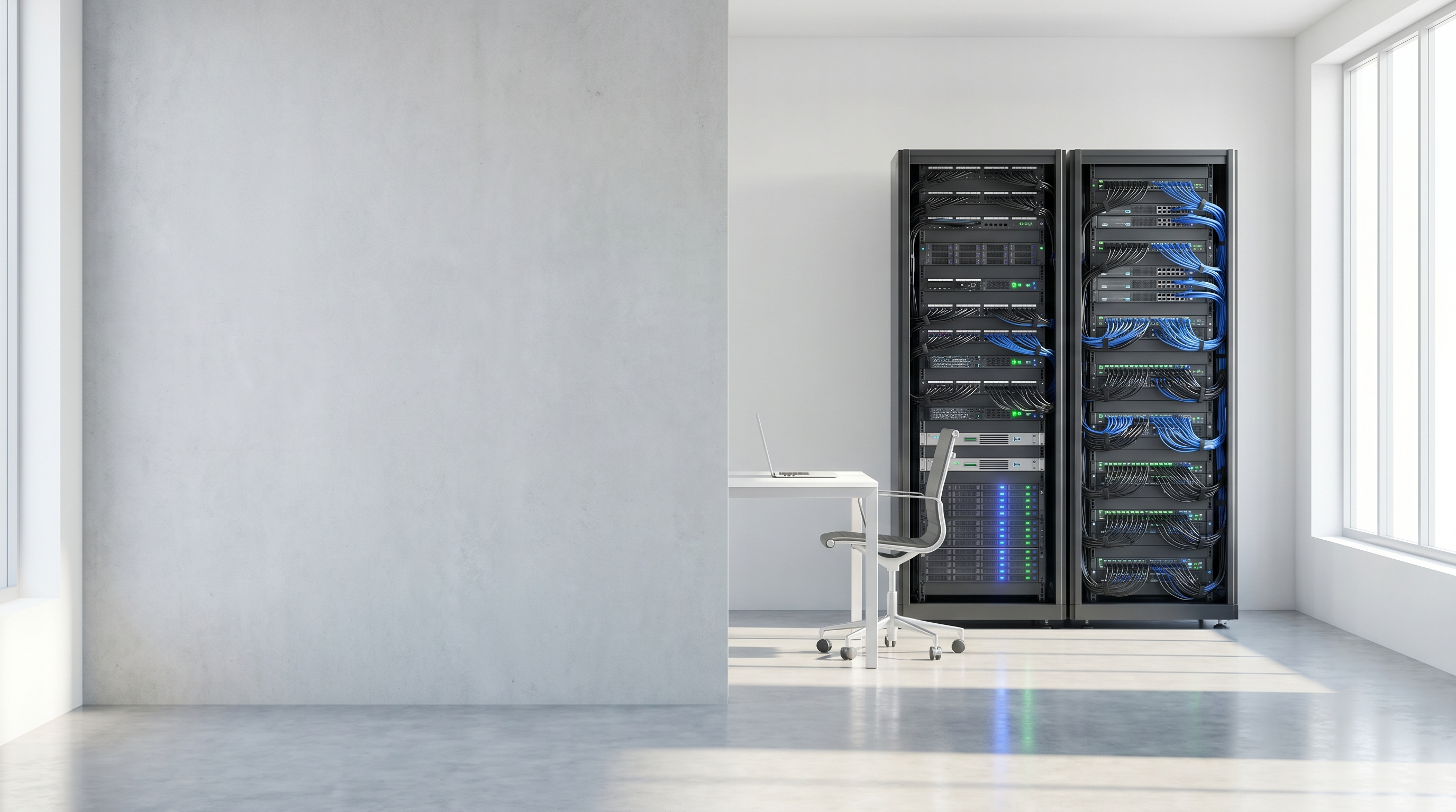 Server room modern cu rack-uri si statie de lucru pentru tehnician IT
