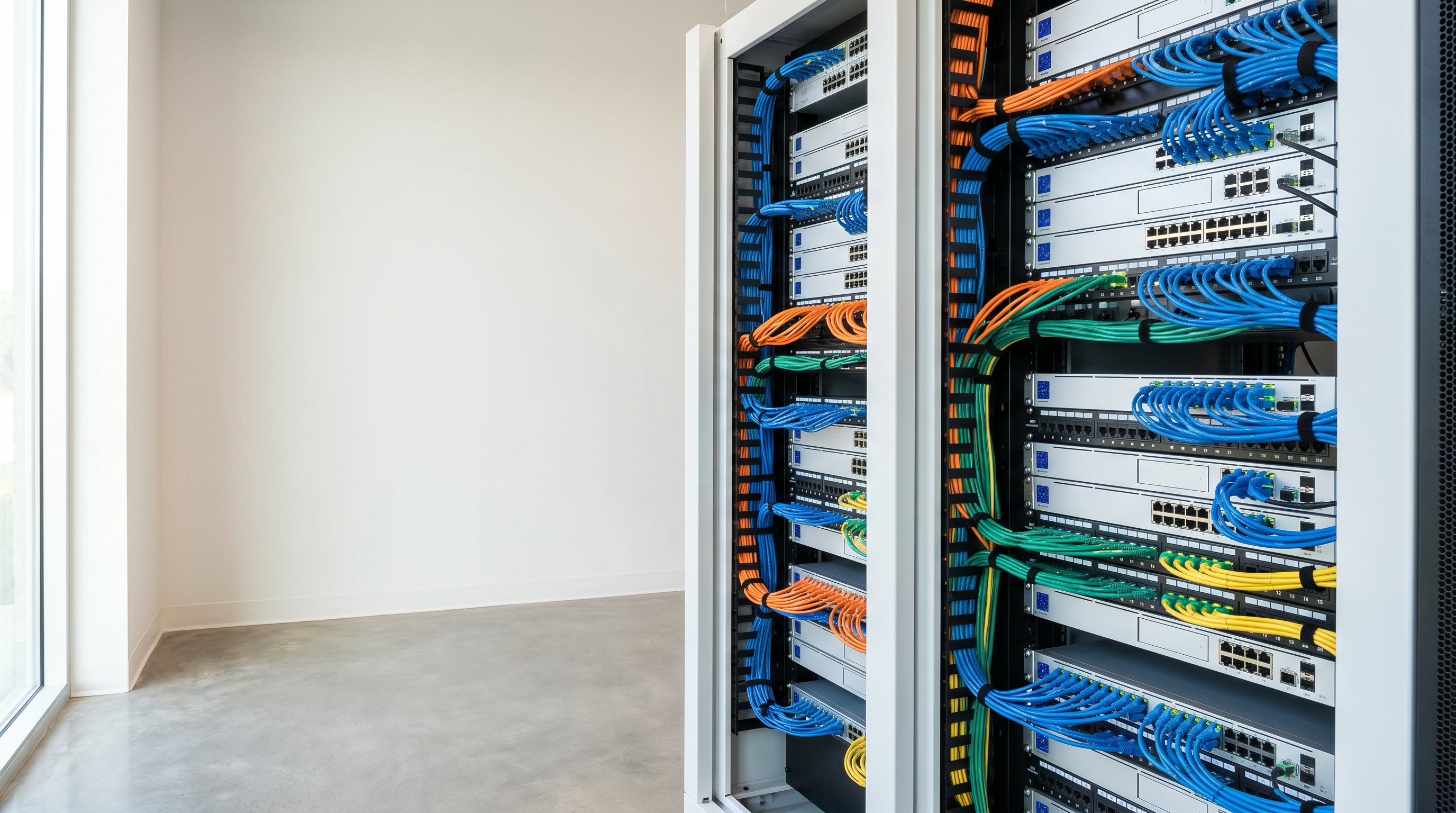 Server rack cu cabluri Cat6 si switch-uri profesionale conectate la patch panel