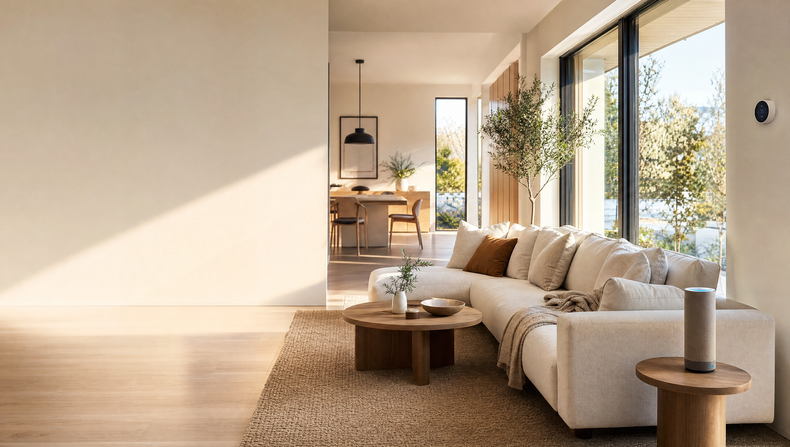 Living modern cu iluminat ambient inteligent si touch panel pentru control casa